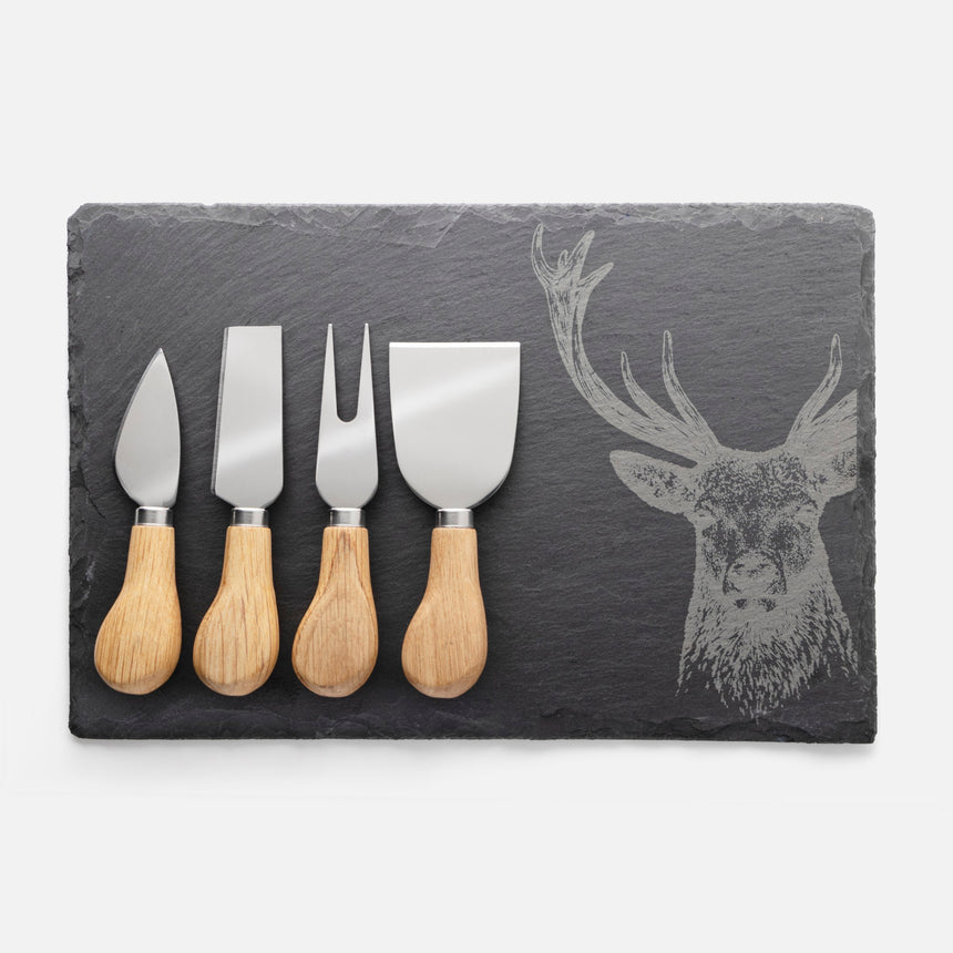 Taylors 4pc Oak Cheese Knife & Stag Design Slate Board Set