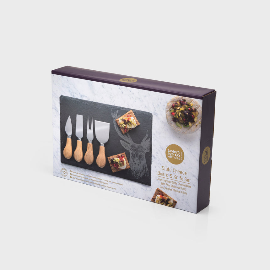 Taylors 4pc Oak Cheese Knife & Stag Design Slate Board Set