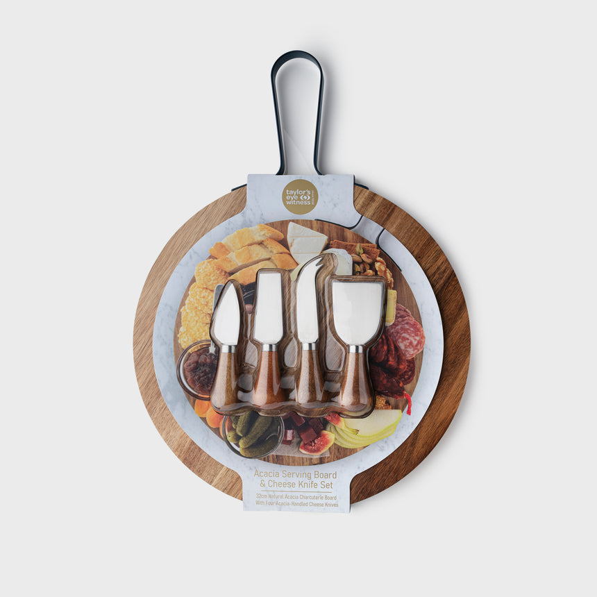 Taylors Acacia Serving Board & 4pc Cheese Knife Set