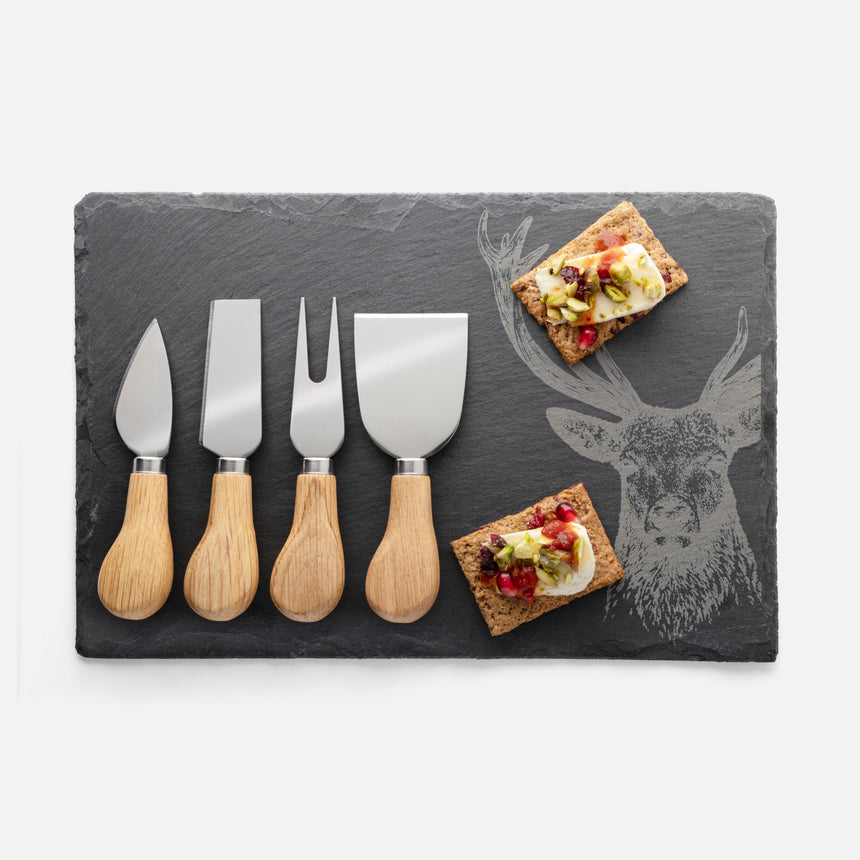Taylors 4pc Oak Cheese Knife & Stag Design Slate Board Set